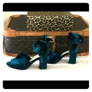 Deep teal velvet lace up block heels for winter!